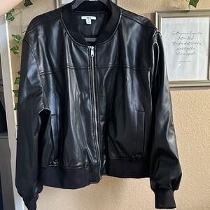 Bershka Black Faux Leather Bomber Jacket with Ribbed Trim
